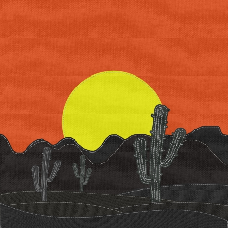 Cactus in the desert with stitch style on fabric backgroundの写真素材