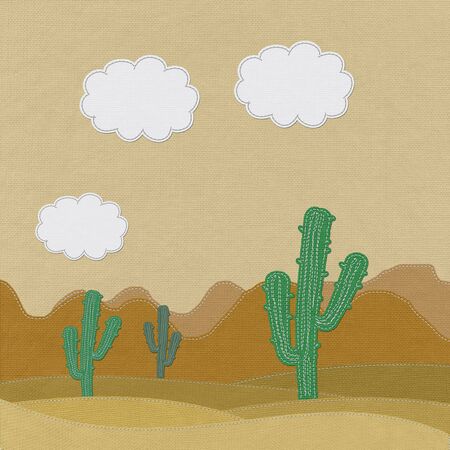 Cactus in the desert with stitch style on fabric backgroundの写真素材