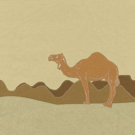 Lone Camel in the Desert sand with stitch style on fabric backgroundの写真素材