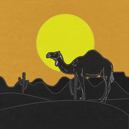 Lone Camel in the Desert sand with stitch style on fabric backgroundの写真素材