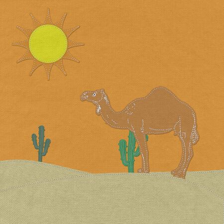 Lone Camel in the Desert sand with stitch style on fabric backgroundの写真素材