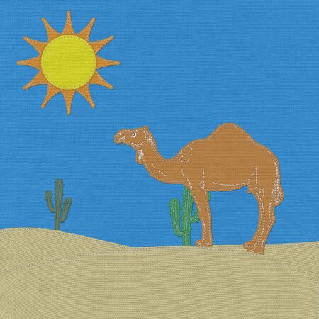 Lone Camel in the Desert sand with stitch style on fabric backgroundの写真素材