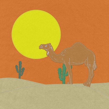 Lone Camel in the Desert sand with stitch style on fabric backgroundの写真素材