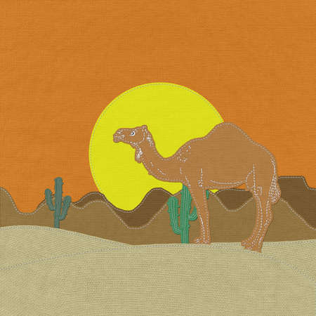 Lone Camel in the Desert sand with stitch style on fabric backgroundの写真素材