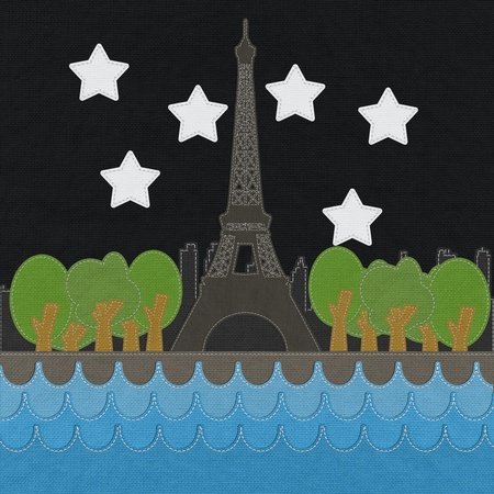 Eiffel tower, Paris. France in stitch style on fabric backgroundの写真素材