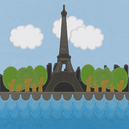 Eiffel tower, Paris. France in stitch style on fabric backgroundの写真素材