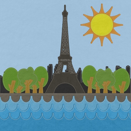 Eiffel tower, Paris. France in stitch style on fabric backgroundの写真素材