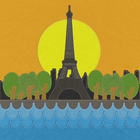 Eiffel tower, Paris. France in stitch style on fabric backgroundの写真素材