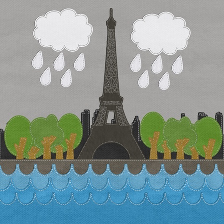 Eiffel tower, Paris. France in stitch style on fabric backgroundの写真素材