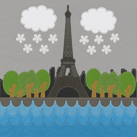 Eiffel tower, Paris. France in stitch style on fabric backgroundの写真素材