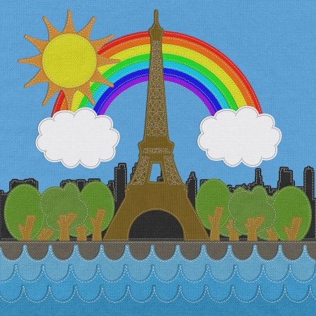 Eiffel tower, Paris. France in stitch style on fabric backgroundの写真素材