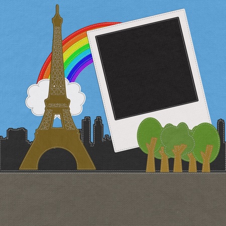 Eiffel tower, Paris. France in stitch style on fabric backgroundの写真素材
