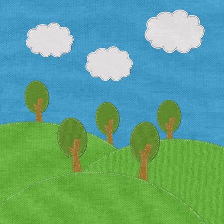 Spring landscape with stitch style on fabric backgroundの写真素材
