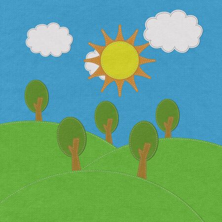 Spring landscape with stitch style on fabric backgroundの写真素材