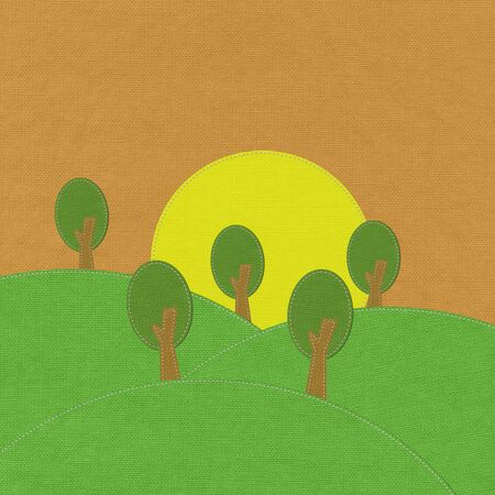 Spring landscape with stitch style on fabric backgroundの写真素材