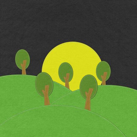 Spring landscape with stitch style on fabric backgroundの写真素材