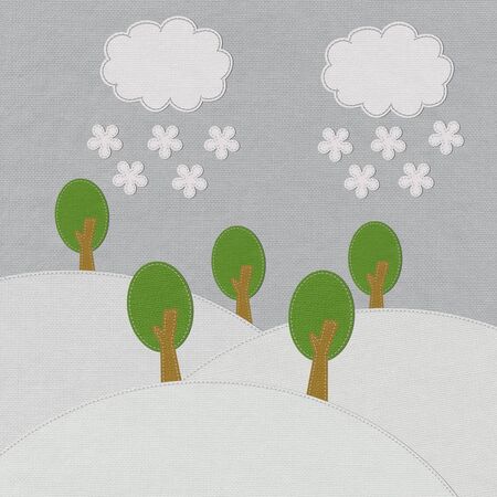 Spring landscape with stitch style on fabric backgroundの写真素材