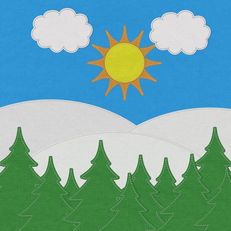 Landscape with stitch style on fabric backgroundの写真素材