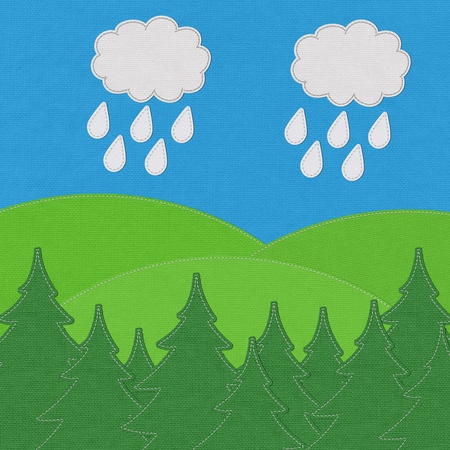 Landscape with pine forests in the mountains with stitch style on fabric backgroundの写真素材