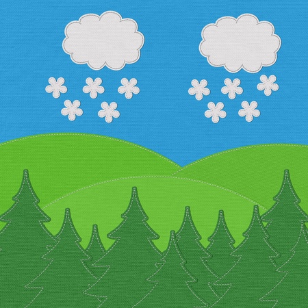 Landscape with pine forests in the mountains with stitch style on fabric backgroundの写真素材