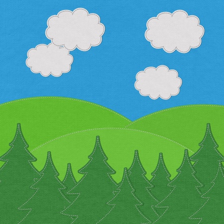 Landscape with pine forests in the mountains with stitch style on fabric backgroundの写真素材