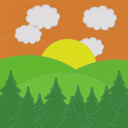 Landscape with pine forests in the mountains with stitch style on fabric backgroundの写真素材