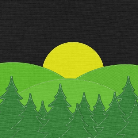 Landscape with pine forests in the mountains with stitch style on fabric backgroundの写真素材