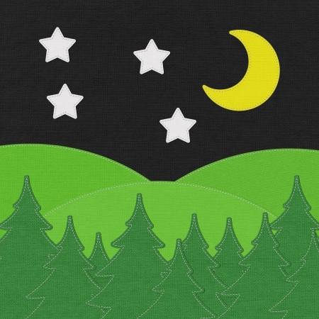 Landscape with pine forests in the mountains with stitch style on fabric backgroundの写真素材