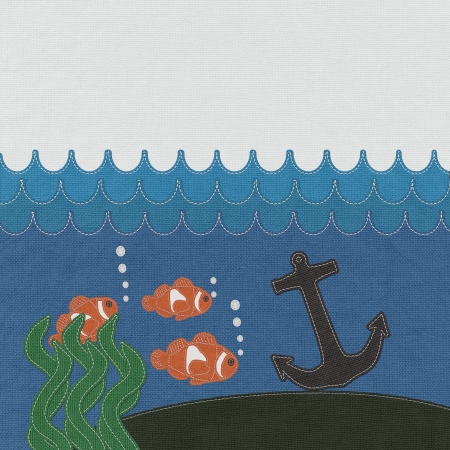 Anchor under the ocean with stitch style on fabric backgroundの写真素材