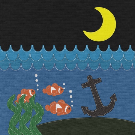 Anchor under the ocean with stitch style on fabric backgroundの写真素材
