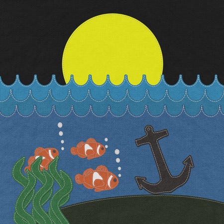 Anchor under the ocean with stitch style on fabric backgroundの写真素材