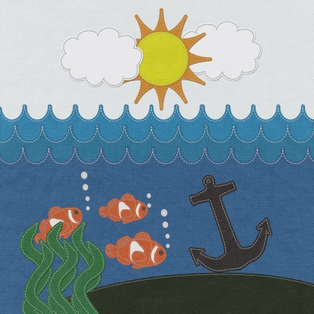 Anchor under the ocean with stitch style on fabric backgroundの写真素材