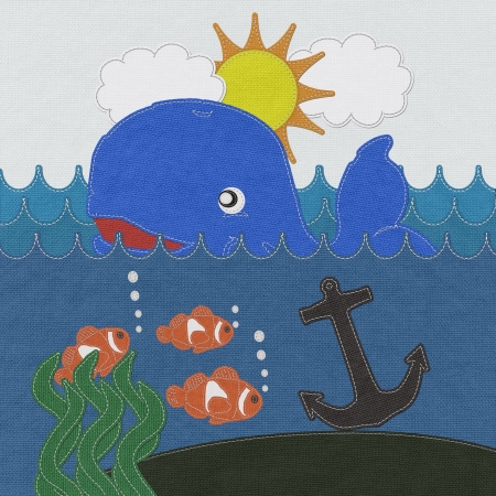 Ocean with stitch style on fabric backgroundの写真素材