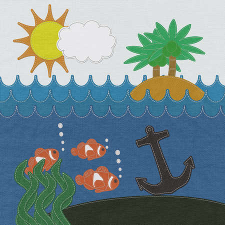 Ocean with stitch style on fabric backgroundの写真素材