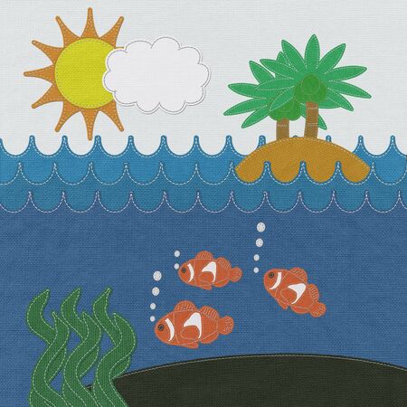Ocean with stitch style on fabric backgroundの写真素材