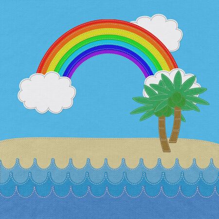 Water villas at tropical resort with stitch style on fabric backgroundの写真素材