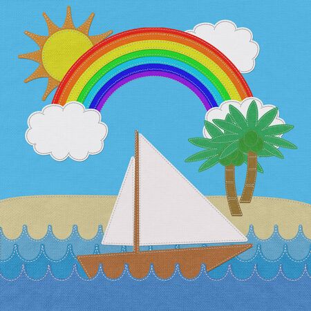 Water villas at tropical resort with stitch style on fabric backgroundの写真素材