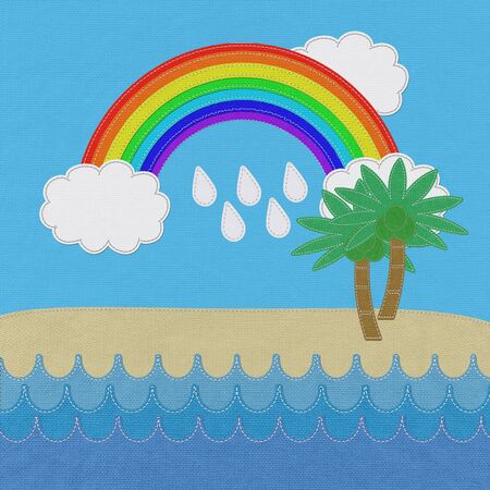 Water villas at tropical resort with stitch style on fabric backgroundの写真素材