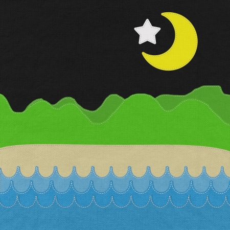 Sea and Moutain landscape with stitch style on fabric backgroundの写真素材