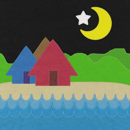 Sea and Moutain landscape with stitch style on fabric backgroundの写真素材