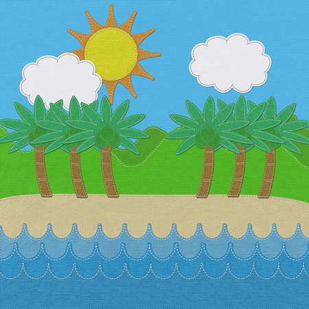 Sea and Moutain landscape with stitch style on fabric backgroundの写真素材