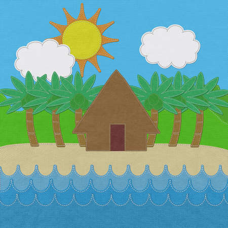 Sea and Moutain landscape with stitch style on fabric backgroundの写真素材