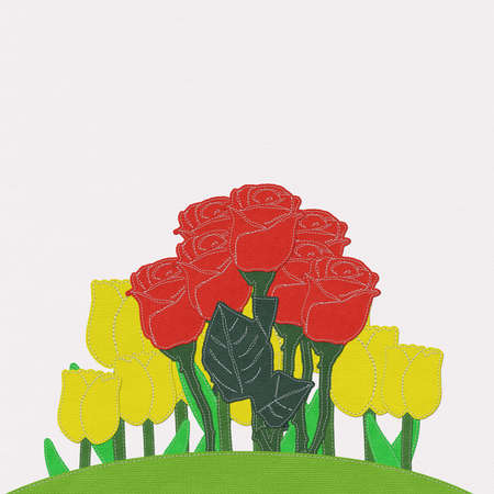 Red rose on green grass field with stitch style fabric backgroundの写真素材