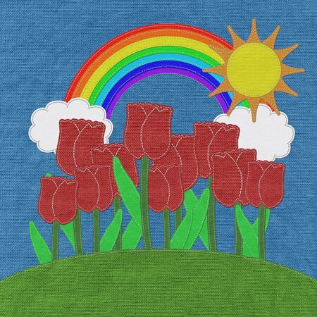 Tulip on green grass field with stitch style fabric backgroundの写真素材