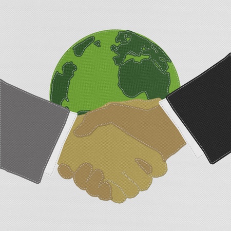 Businessmen shaking hands with stitch style on fabric backgroundの写真素材