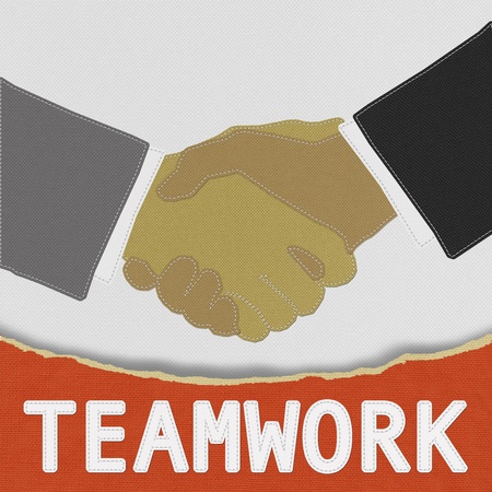 Businessmen shaking hands with stitch style on fabric backgroundの写真素材