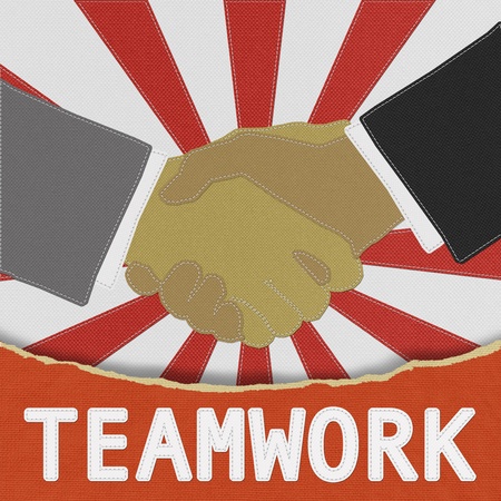 Businessmen shaking hands with stitch style on fabric backgroundの写真素材