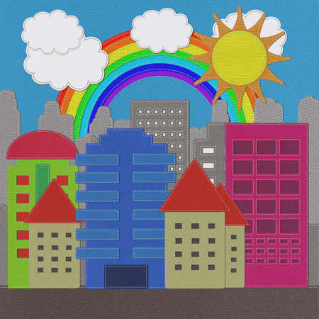 Morden Building with stitch style on fabric backgroundの写真素材