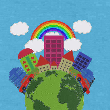 Modern Building with stitch style on fabric backgroundの写真素材