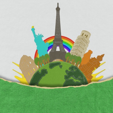 World travel concept with stitch style on fabric background の写真素材